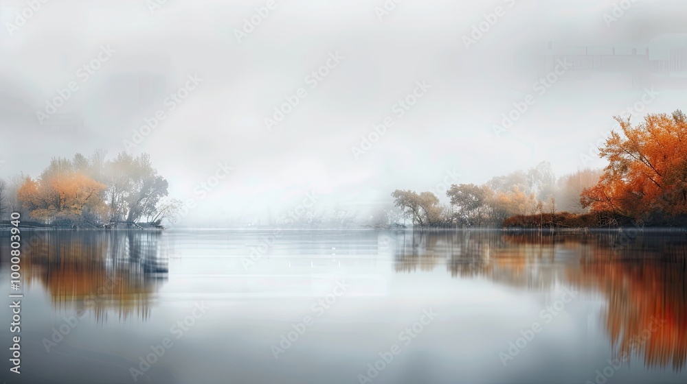 Poster Blurred autumn river scene with colorful trees reflected in the water