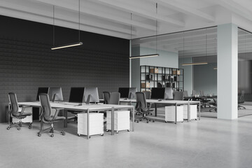 Modern open-space office interior with workstations. 3D Rendering