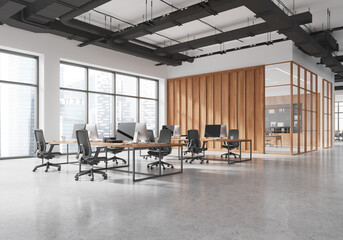 Modern open space office interior with large windows and wooden partitions. 3D Rendering