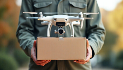 Fototapeta premium Delivery man holding cardboard box with modern drone hovering above it