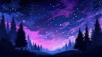 Fototapeta premium A Nighttime View of Silhouetted Pine Trees Against a Purple and Blue Starry Sky