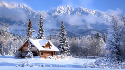 Snow-dusted log cabin surrounded by pines blurred mountains in the background