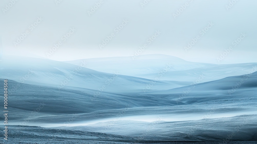 Poster Frosted mountain range with blurred distant valley cool winter tones in January