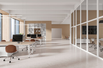 Stylish office interior with coworking and conference room, panoramic window