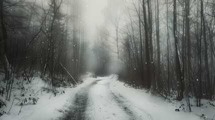 Softly blurred snow-covered path through a dense misty forest in gentle winter tones