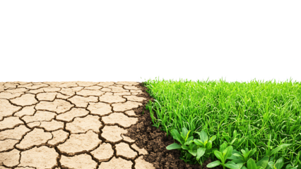 Green grass and dry cracked soil on the other side. with transparent background.
