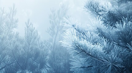 Frosty pine needles with blurred snowy mountains in the background cool blue tones