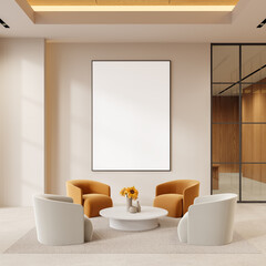 Blank poster mockup hanging on a wall in a modern office lounge area with four chairs and a coffee table, contemporary interior design. 3D Rendering