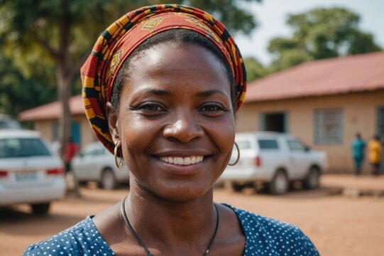 Close portrait of a smiling 40s Mozambican woman looking at the camera, Mozambican outdoors blurred background