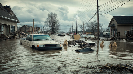 A disaster and flood scene where people are suffering from shortages and pets are in distress. Generative AI Illustration.