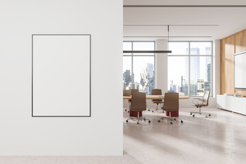 Office interior with meeting table and projection screen, window. Mockup frame