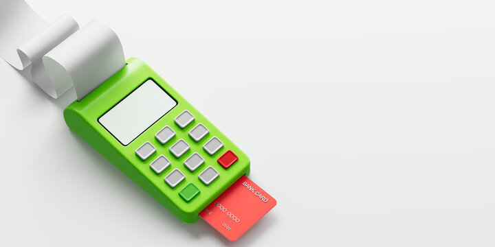 Image of a green card reader with a receipt, displaying a red bank card inserted. Featured on a white background. Concept of electronic payments. 3D Rendering