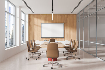 Light office room interior with board and projection screen, panoramic window