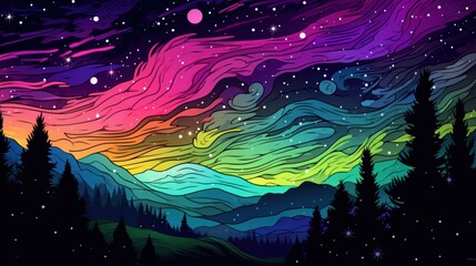 Night Sky with Aurora Borealis Over Silhouetted Mountains