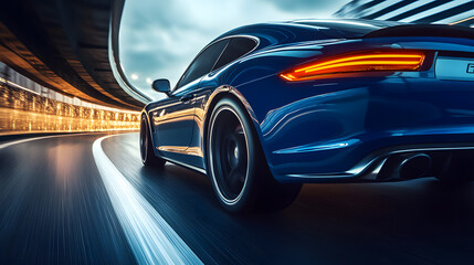 Rear view of blue Business car on high speed in turn. Blue car rushing along a high-speed highway.