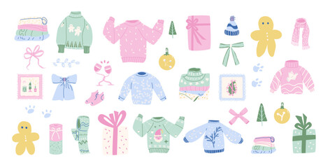 Fototapeta premium Winter sweaters, scarves, gifts and holiday decorations in soft pastel colors for the festive season. Whimsical vector set of festive elements isolated on white background.