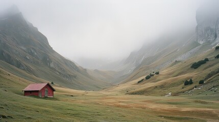 mountains in mist with small red house in valley