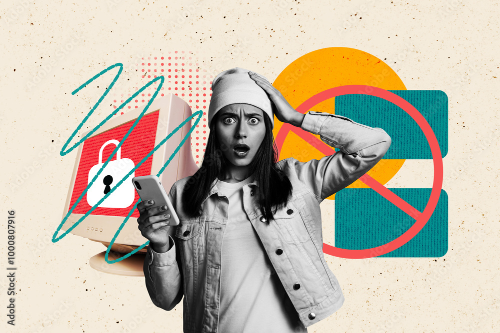 Poster sketch collage of worried nervous woman panic stupor code wrong password isolated on drawing backgro