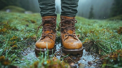Close-up of brown hiking boots in wet grass with morning dew in a misty forest. Autumn mood