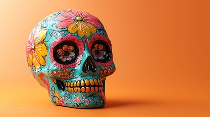 Vibrant sugar skull against an orange backdrop, perfect for Day of the Dead decor, celebrations, and themed events. Ideal for invitations, posters, and social media.
