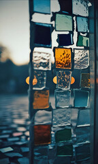 Close-Up Of Colorful Stained Glass Panels Reflecting Soft, Evening Light, Capturing The Vibrant Texture And Intricate Details Of Each Glass Piece