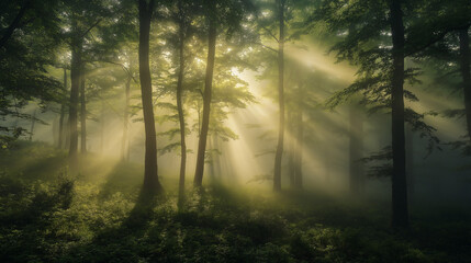 Obraz premium Sunlight Streaming through Misty Forest