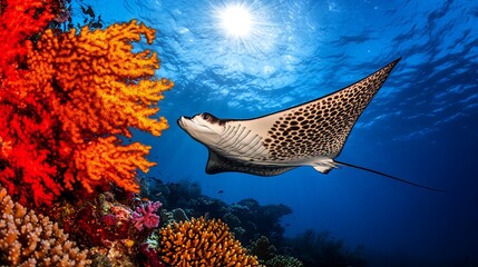 Fototapeta premium A spotted eagle ray swims gracefully through a vibrant coral reef, sunlight shining through the clear blue water.