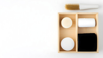 Minimalist bathroom accessories in a wooden organizer with towels, brushes, and sponges on a white background