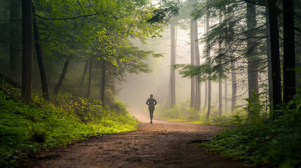 Jogger in Misty Forest Trail