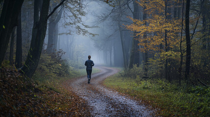 Obraz premium Jogger on a Curved Path through Woods