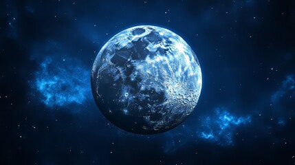 Detailed moon in vast space, surrounded by a blue nebula and shining stars, showcasing cosmic beauty.