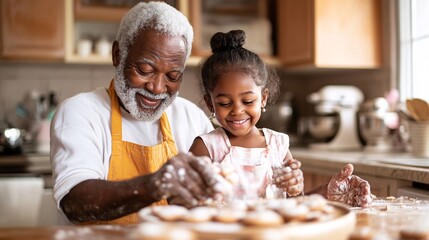 Family members baking Christmas cookies together in a bright kitchen smiling and sharing joyful moments Large space for text in center Stock Photo with copy space