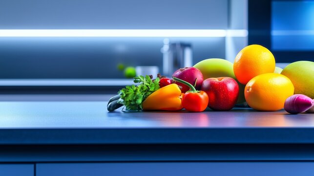 A modern kitchen with sleek countertops and appliances, featuring fresh fruits, vegetables, and cooking utensils neatly arranged, creating a sense of order and creativity. 