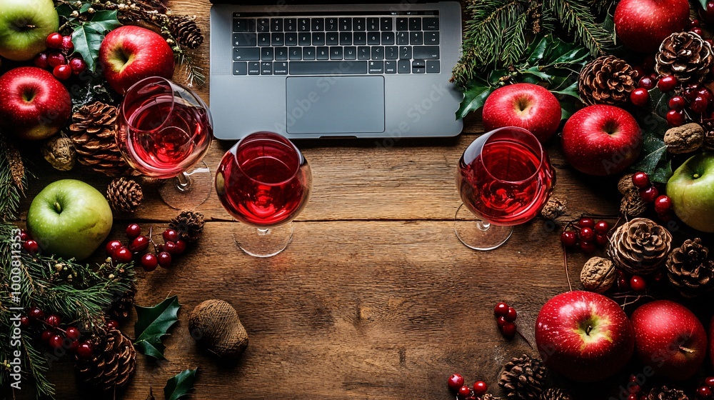 Poster friends wearing festive sweaters gathered around a laptop having a virtual celebration and making a 