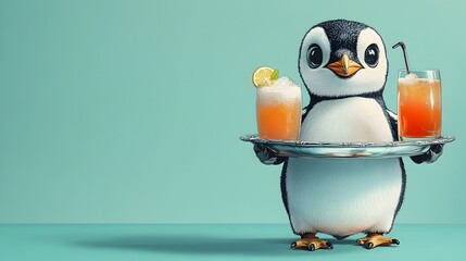 Obraz premium Penguin Butler Carrying Tray of Drinks on Silver Platter in Whimsical Anime Pop Art Style