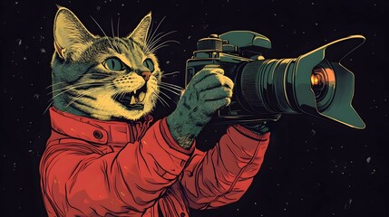 Minimalist Pop Art Cat Director Shouting Commands from Behind the on a Plain Soft Black Background