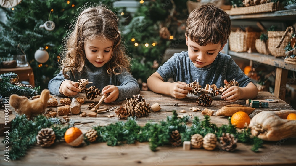 Poster siblings playfully making diy christmas decorations on a wooden table with craft supplies scattered 