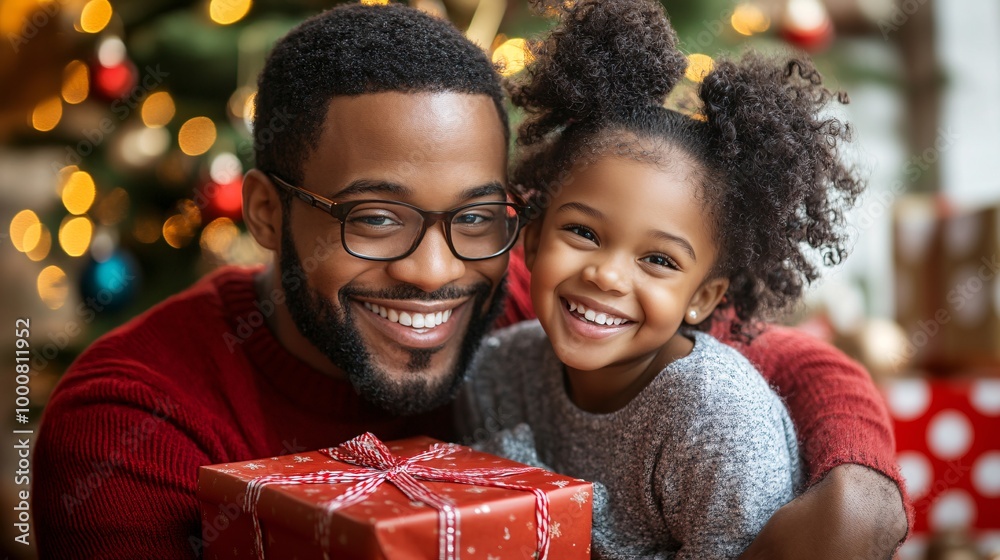 Poster A family gathered in front of a Christmas tree sharing stories and laughter surrounded by festive lights and presents Large space for text in center Stock Photo with copy space