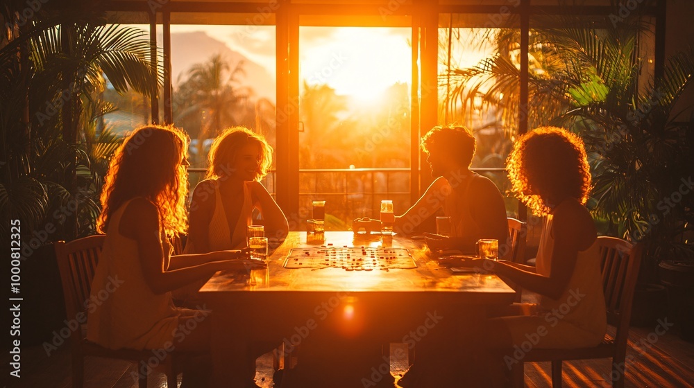 Poster Friends gathered around a dining table playing a festive board game and enjoying drinks in a warmly lit room Large space for text in center Stock Photo with copy space