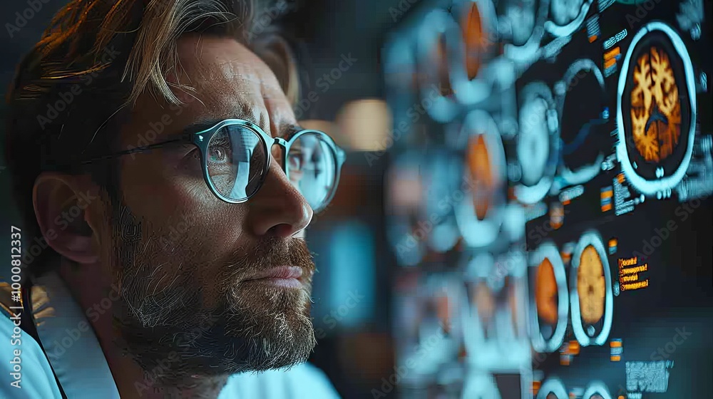 Poster A man wearing glasses is looking at a computer screen with a lot of images on it