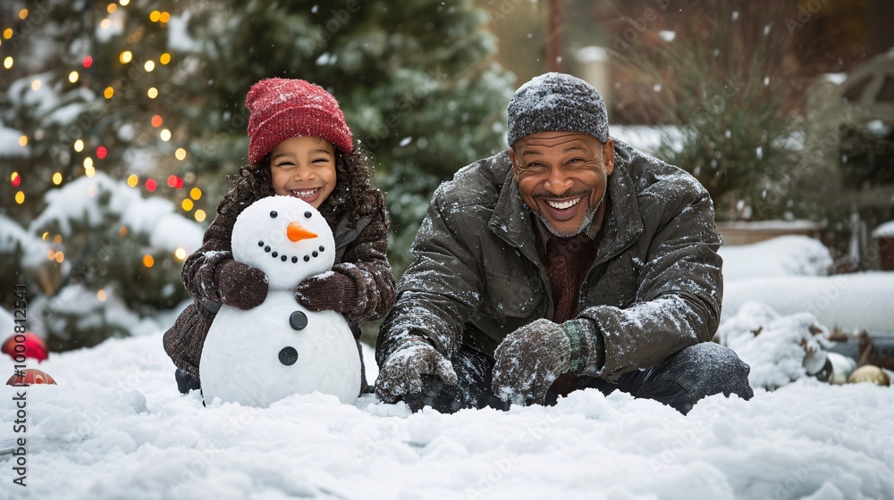 Poster father and daughter laughing while building a snowman in the backyard decorated with holiday lights 