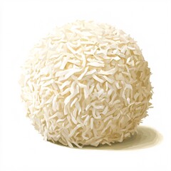 fluffy coconut snowball cake, covered entirely in delicate, shredded coconut.