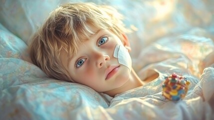 Innocence Amidst Adversity - Young Boy with Bandaged Limbs in Hospital Ward