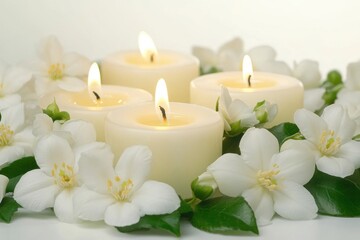 Serene white candles fresh jasmine flowers on peaceful background