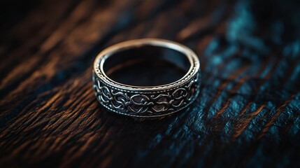 Intricate Silver Ring on Wooden Surface