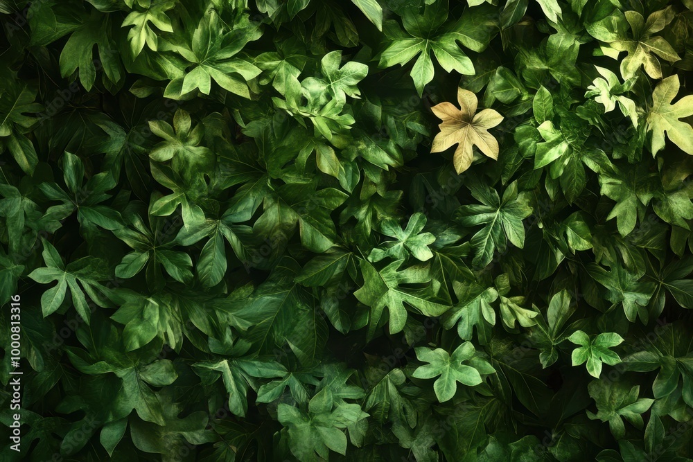 Wall mural lush green foliage background with one yellow leaf.