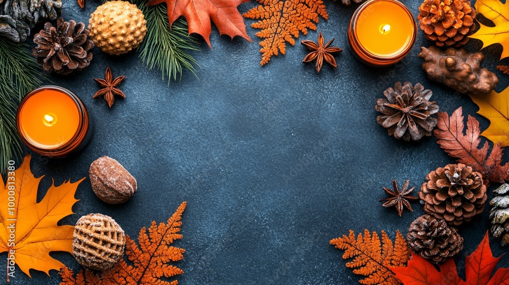 Poster close-up of festive table settings with elegant candles seasonal foliage and a variety of homemade t
