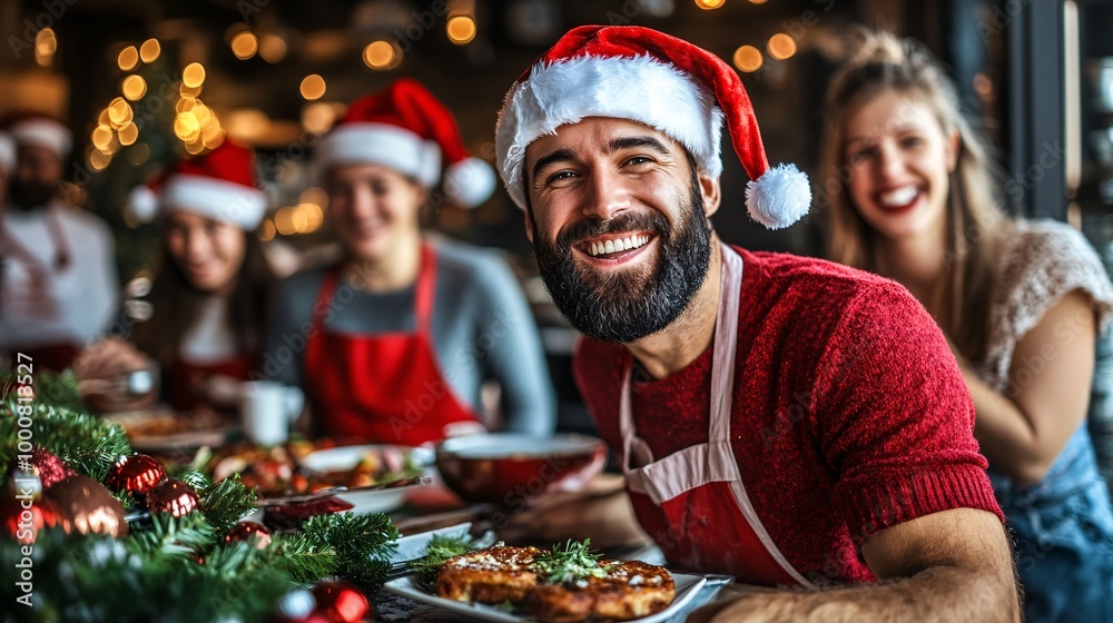 Poster friends enjoying a virtual cooking session through a video call each preparing festive dishes in the