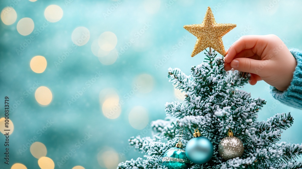 Aufkleber close-up of a childs hands adding a star topper to a miniature christmas tree with delicate ornament