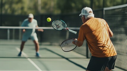 A senior man in an orange shirt plays tennis with another senior.